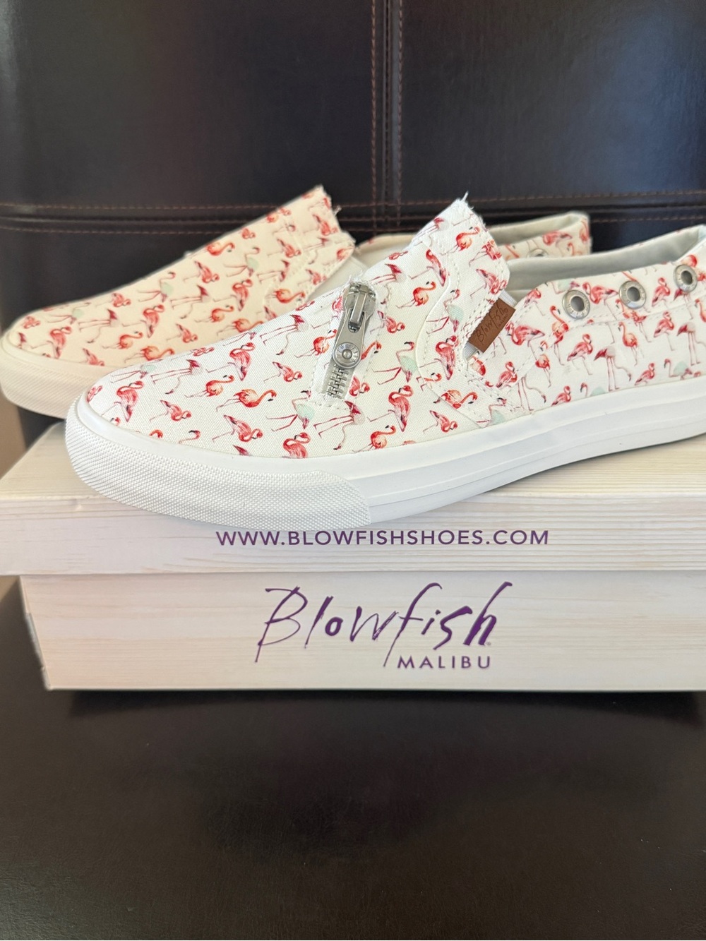 Blowfish White Canvas Slip-On Sneakers with Pink Flamingo Print